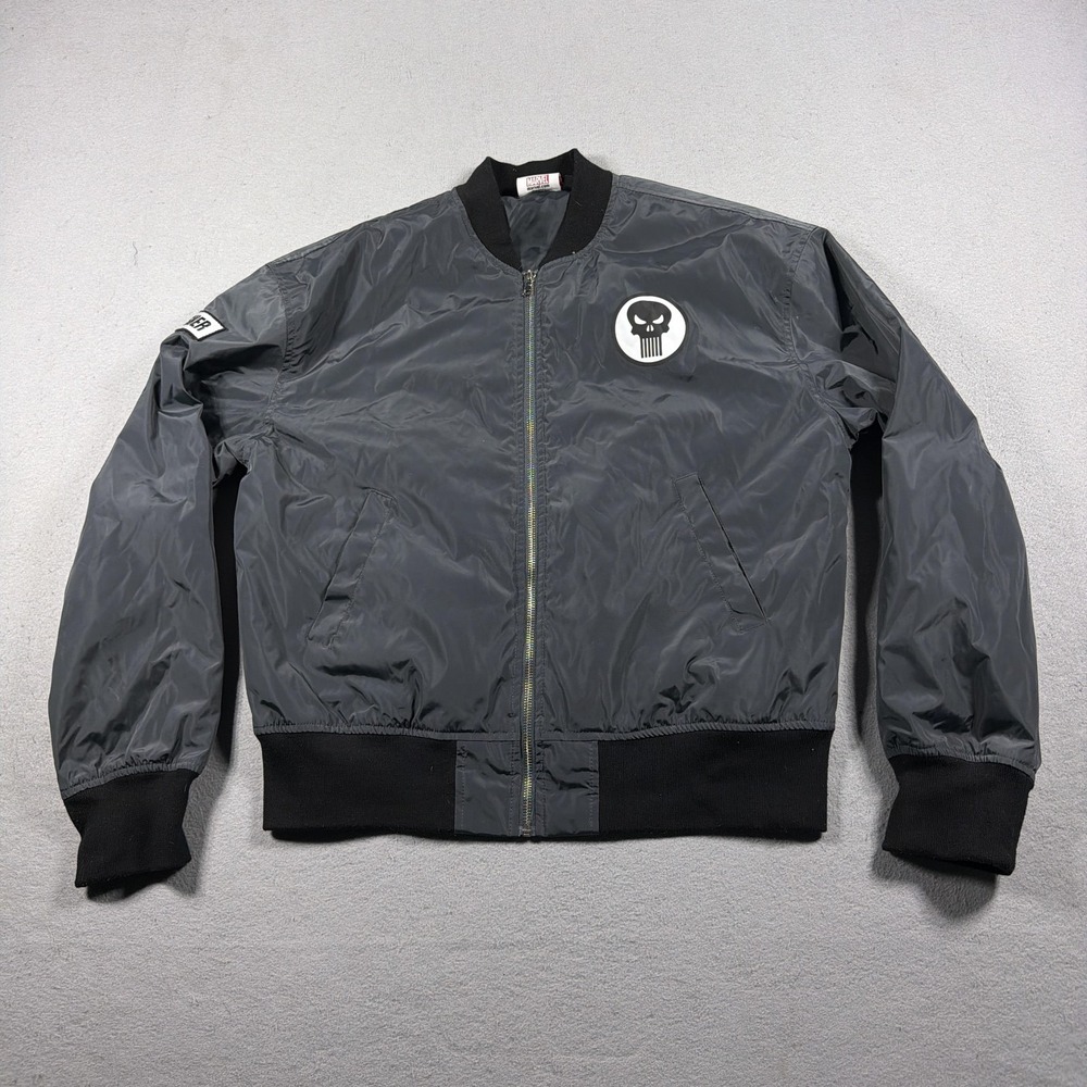 Marvel Punisher Jacket Mens Medium Gray Skull Bomber Full Zip Lightweight